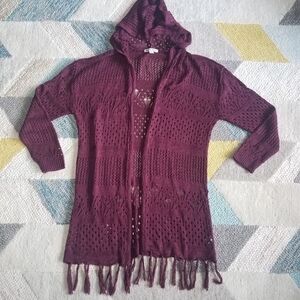 Maroon Wine Hooded Fringe Sweater LARGE
